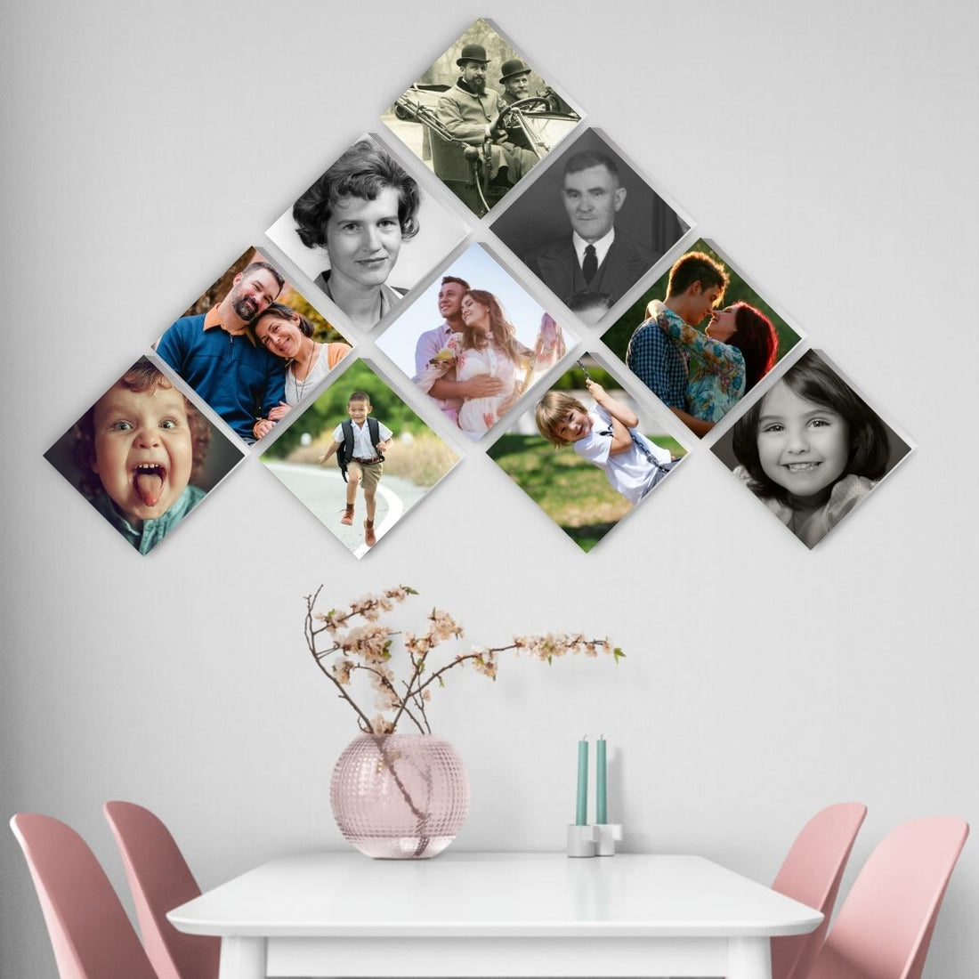 diamond shaped photo tiles depicting a family tree