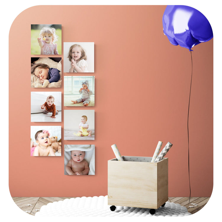 photo tiles in 2 rows on wall, baloon