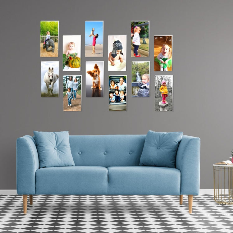 12 tall infinity tiles on wall above sofa