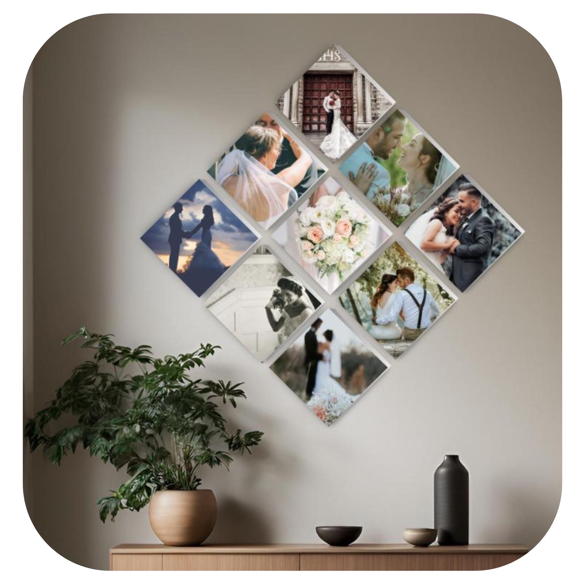 diamond shaped photo tiles on hallway wall